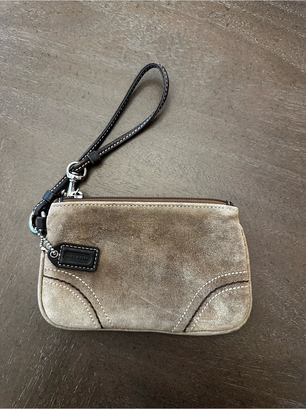 Coach Suede Wristlet in Light Taupe with Dark Brown Strap